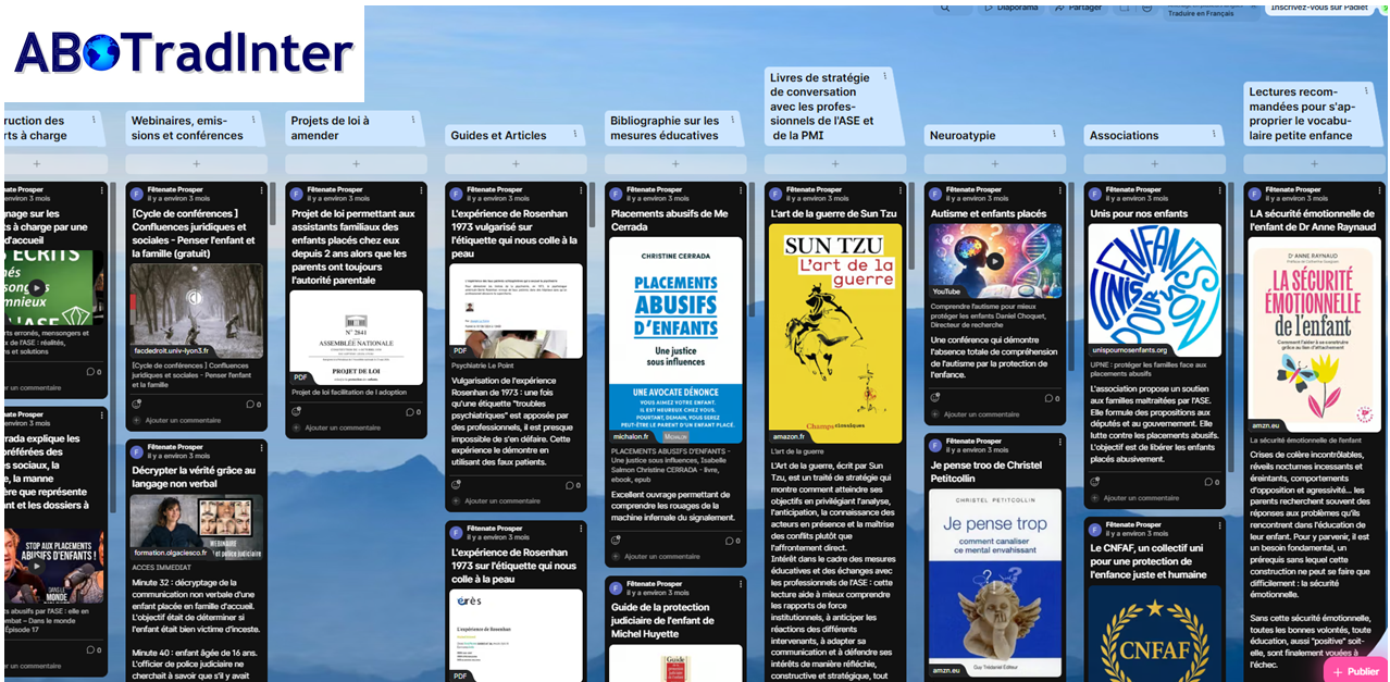 Padlet de ressources sur la protection de l’enfance référencant l’association UPNE