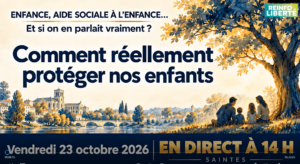 Affiche des journées de Saintes : Enfance, aide sociale à l'enfance… Et si on en parlait vraiment ? Comment réellement protéger nos enfants. Vendredi 23 octobre 2026, en direct à 14 h, Saintes.