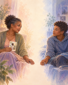 Illustration pastel symbolique d’une mère et de son fils adolescent séparés par un espace lumineux.